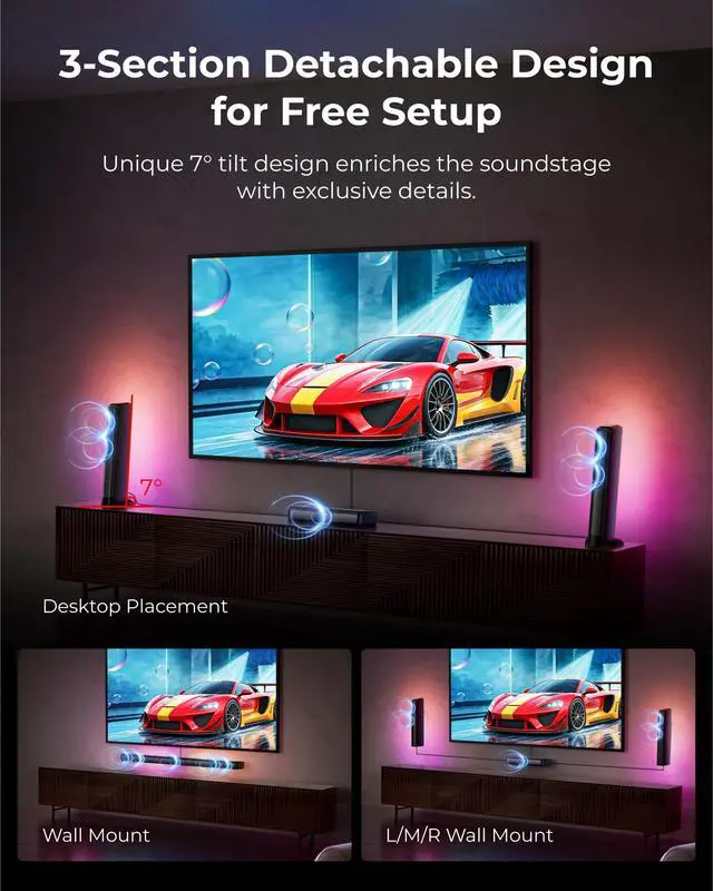 Alt view image 5 of 5 - 7.1ch Virtual Surround Sound Bar, Sound Bar for Smart TV with 2 Surround Speakers, Surround Sound System for TV with RGB, 6.5" Subwoofer, Peak Power 410W, App, HDMI/OPT/AUX/BT Apollo S70 Ultra