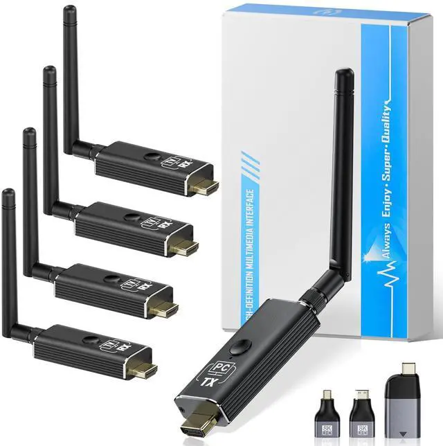 Main image of Wireless HDMI Transmitter and Receiver Kit, 1 Transmitter + 4 Receivers 4K Input to 1080P HD Output for Video and Audio, 492FT Long-Lasting Portable Plug & Play for PC/Projector/TV Box/Laptop