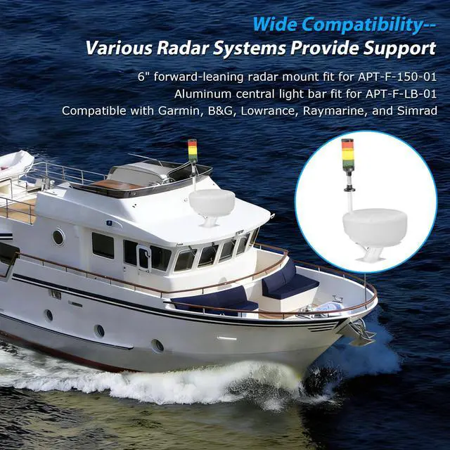 Alt view image 2 of 6 - 6" Forward-Leaning Radar Mount Fit for APT-F-150-01 | With Aluminum Central Light Bar, Compatible with Garmin Raymarine Simrad Radomes, Aluminum