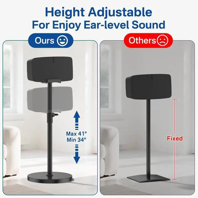 Alt view image 3 of 6 - Height Adjustable Floor Speaker Stand for Sonos Five & Play:5, Vertical or Horizontal Placement, Metal Sonos 5 Speaker Stand with Cable Management (Black, 1 Pack)