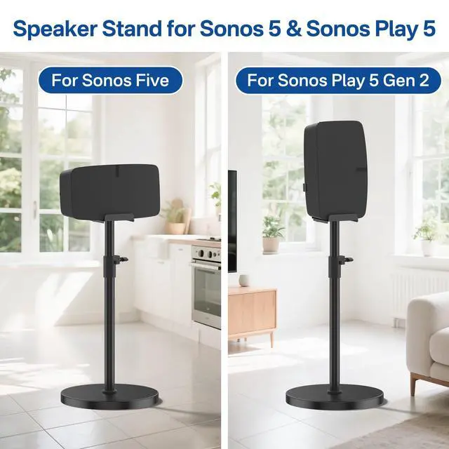 Alt view image 2 of 6 - Height Adjustable Floor Speaker Stand for Sonos Five & Play:5, Vertical or Horizontal Placement, Metal Sonos 5 Speaker Stand with Cable Management (Black, 1 Pack)