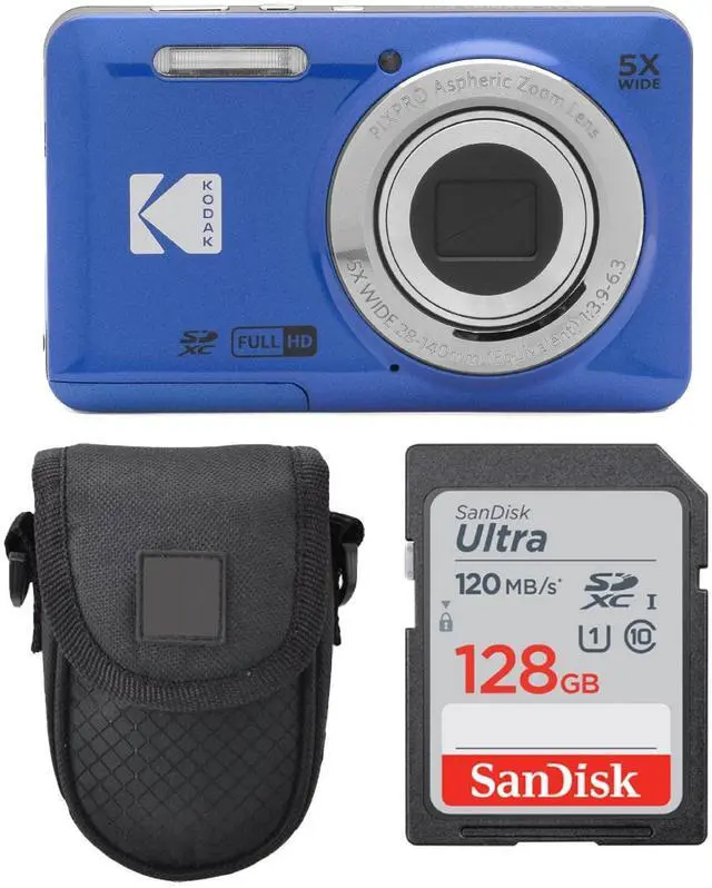 Main image of Kodak PIXPRO FZ55 Digital Camera (Blue) + Point & Shoot Camera Case + Sandisk 128GB SDXC Memory Card