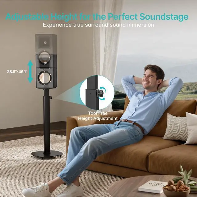 Alt view image 3 of 7 - Height-Adjustable Speaker Stand Pair from 28.6" to 46.1",22lbs Capacity | Bookshelf Speaker Stands for Surround Sound, Two Feet Avaliable, Easy Installation, Black
