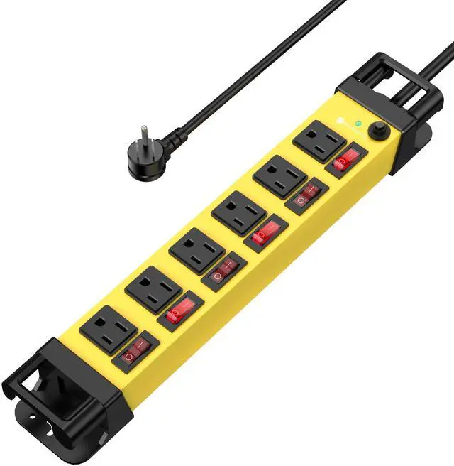 Main image of 6 Outlet Power Strip with 6 Individual Switches & Cord Manager 1200J 6FT | Wall Mount Heavy Duty Power Strip Home Office Garage Industrial Workshop