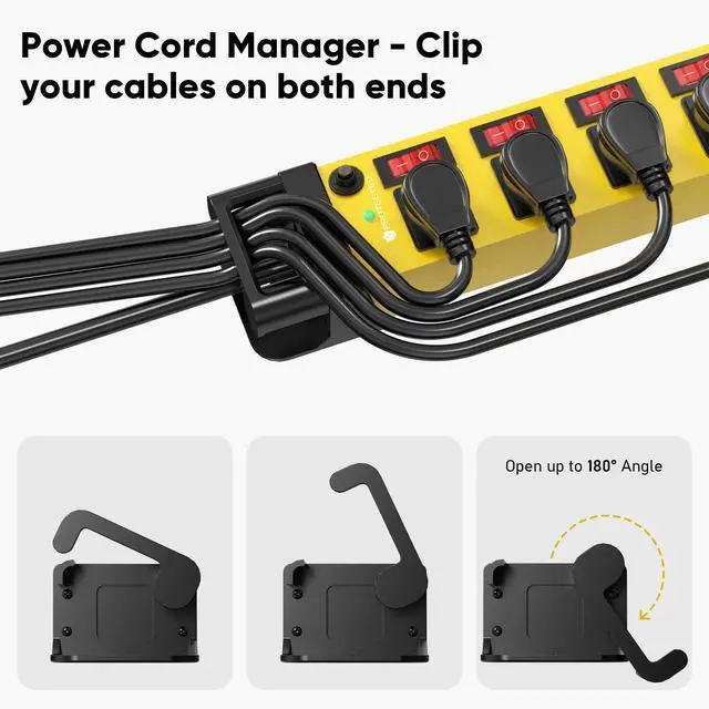 Alt view image 2 of 7 - 6 Outlet Power Strip with 6 Individual Switches & Cord Manager 1200J 6FT | Wall Mount Heavy Duty Power Strip Home Office Garage Industrial Workshop