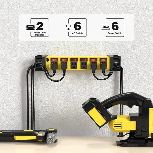 Alt view image 3 of 7 - 6 Outlet Power Strip with 6 Individual Switches & Cord Manager 1200J 6FT | Wall Mount Heavy Duty Power Strip Home Office Garage Industrial Workshop