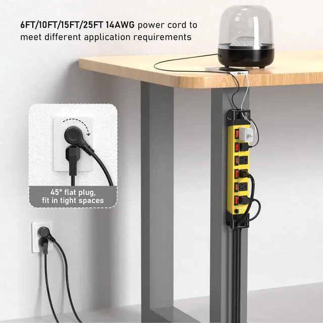 Alt view image 5 of 7 - 6 Outlet Power Strip with 6 Individual Switches & Cord Manager 1200J 6FT | Wall Mount Heavy Duty Power Strip Home Office Garage Industrial Workshop