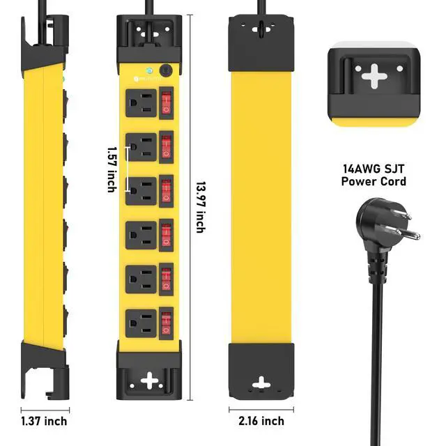 Alt view image 7 of 7 - 6 Outlet Power Strip with 6 Individual Switches & Cord Manager 1200J 6FT | Wall Mount Heavy Duty Power Strip Home Office Garage Industrial Workshop
