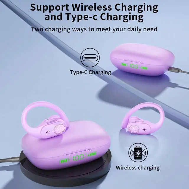 Alt view image 3 of 7 - Wireless Earbuds with Ear Hooks 96H Playtime for iPhone Android | LED Display Deep Bass Stereo Sound Built in Mic Sweat Resistant Design Low Latency Mode for Sports Gaming