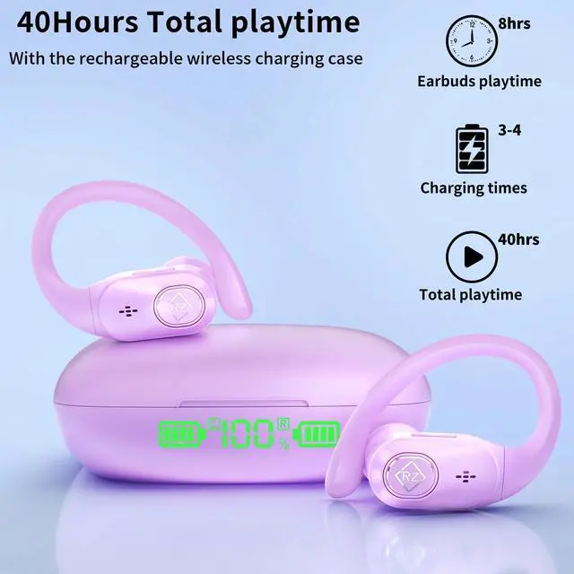 Alt view image 4 of 7 - Wireless Earbuds with Ear Hooks 96H Playtime for iPhone Android | LED Display Deep Bass Stereo Sound Built in Mic Sweat Resistant Design Low Latency Mode for Sports Gaming