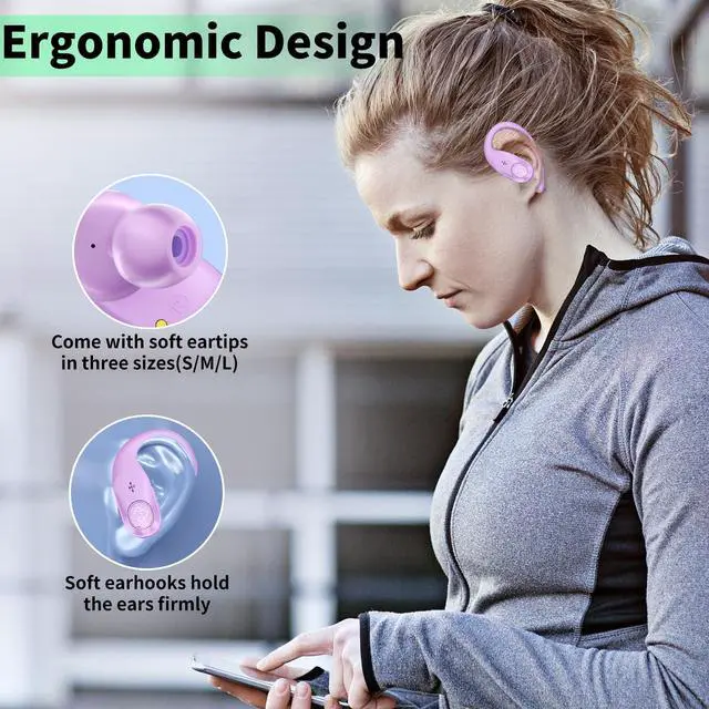Alt view image 5 of 7 - Wireless Earbuds with Ear Hooks 96H Playtime for iPhone Android | LED Display Deep Bass Stereo Sound Built in Mic Sweat Resistant Design Low Latency Mode for Sports Gaming
