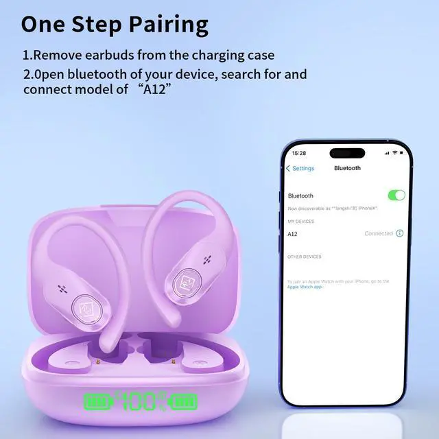 Alt view image 6 of 7 - Wireless Earbuds with Ear Hooks 96H Playtime for iPhone Android | LED Display Deep Bass Stereo Sound Built in Mic Sweat Resistant Design Low Latency Mode for Sports Gaming