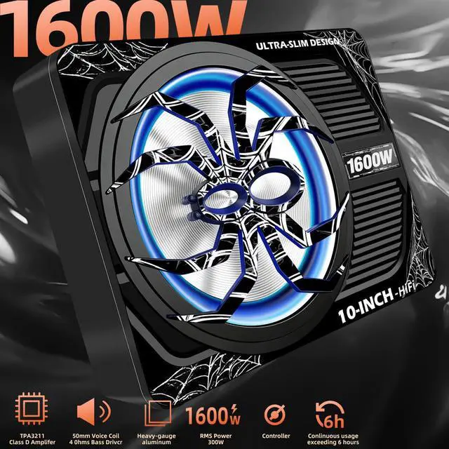 Alt view image 2 of 7 - Upgraded 10 Inch 1600W Under Seat Subwoofer with Amp, Powered Slim Sub, Blue LED Ambient Light, (LPF/Gain/Bass Boost) Independent Bass Knob, Car Audio Subwoofer Package for Truck SUV Jeep MPV