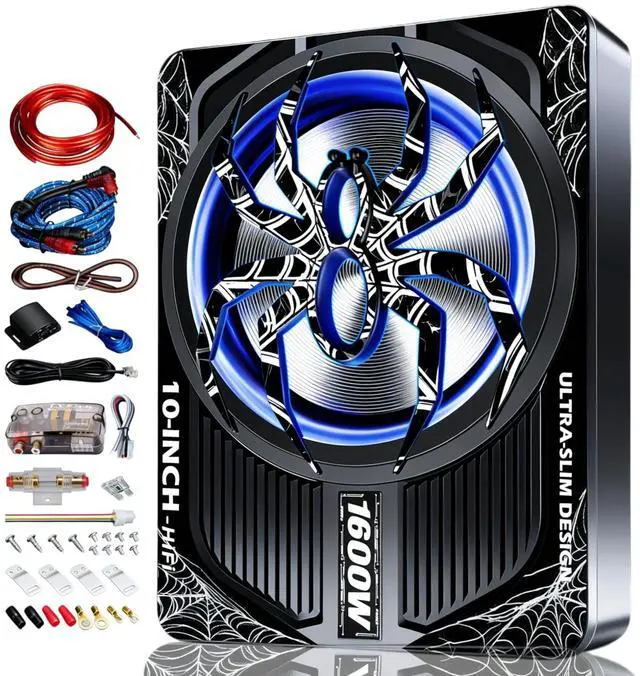 Main image of Upgraded 10 Inch 1600W Under Seat Subwoofer with Amp, Powered Slim Sub, Blue LED Ambient Light, (LPF/Gain/Bass Boost) Independent Bass Knob, Car Audio Subwoofer Package for Truck SUV Jeep MPV