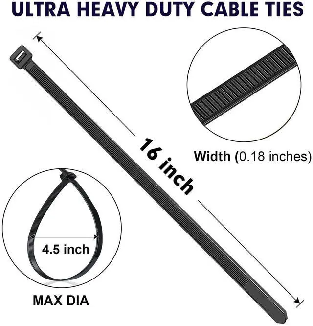 Alt view image 2 of 7 - Zip Ties, 1200pcs Black Cable Zip Ties 16 Inch, Heavy Duty Plastic Wire Ties with 50lb Tensile Strength, Self-Locking Black Nylon Tie Wraps for Indoor and Outdoor