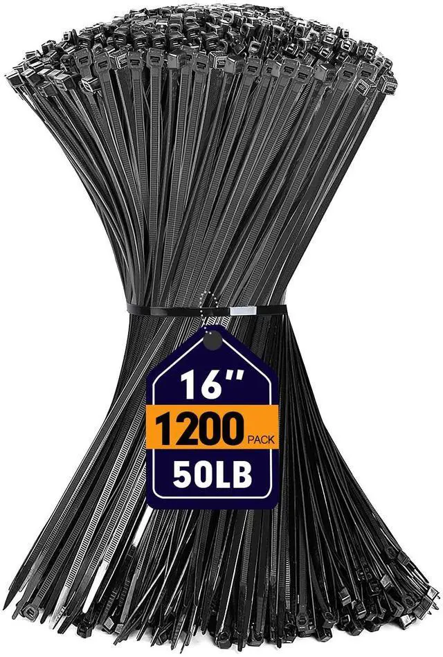 Main image of Zip Ties, 1200pcs Black Cable Zip Ties 16 Inch, Heavy Duty Plastic Wire Ties with 50lb Tensile Strength, Self-Locking Black Nylon Tie Wraps for Indoor and Outdoor