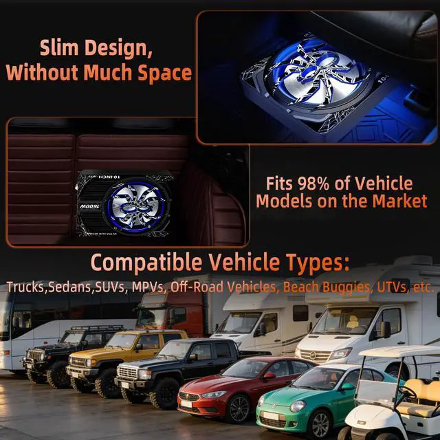 Alt view image 5 of 7 - Upgraded 10 Inch 1600W Under Seat Subwoofer with Amp, Powered Slim Sub, Blue LED Ambient Light, (LPF/Gain/Bass Boost) Independent Bass Knob, Car Audio Subwoofer Package for Truck SUV Jeep MPV