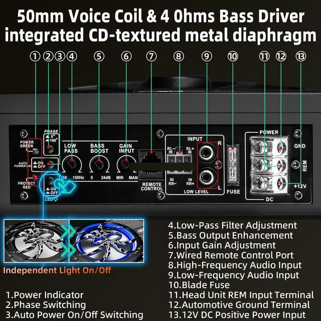 Alt view image 6 of 7 - Upgraded 10 Inch 1600W Under Seat Subwoofer with Amp, Powered Slim Sub, Blue LED Ambient Light, (LPF/Gain/Bass Boost) Independent Bass Knob, Car Audio Subwoofer Package for Truck SUV Jeep MPV