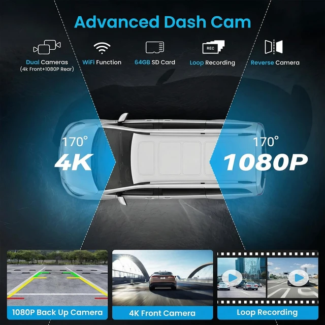 Alt view image 4 of 7 - 10 Inch Wireless Apple CarPlay & Android Auto Screen for Car 4K Dash Cam,Ultra-Light Touchscreen, IP68 1080P Backup Camera, GPS Navigation, Voice Control, Mirror Link