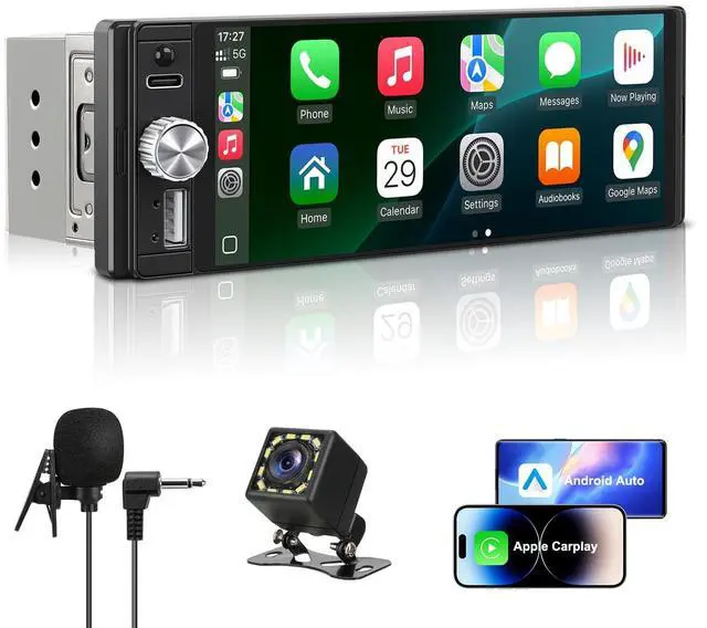 Main image of Single Din Radio Car Stereo with Apple CarPlay & Android Auto, 6.28 Inch HD Touch CarPlay Screen, Backup Cam,Bluetooth, MP5,USB Type-C, SWC, EQ, FM Radio (with External Mic)