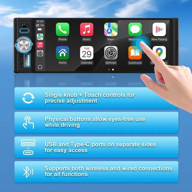 Alt view image 2 of 7 - Single Din Radio Car Stereo with Apple CarPlay & Android Auto, 6.28 Inch HD Touch CarPlay Screen, Backup Cam,Bluetooth, MP5,USB Type-C, SWC, EQ, FM Radio (with External Mic)