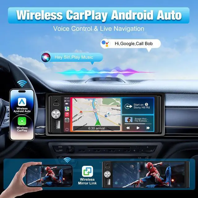 Alt view image 3 of 7 - Single Din Radio Car Stereo with Apple CarPlay & Android Auto, 6.28 Inch HD Touch CarPlay Screen, Backup Cam,Bluetooth, MP5,USB Type-C, SWC, EQ, FM Radio (with External Mic)