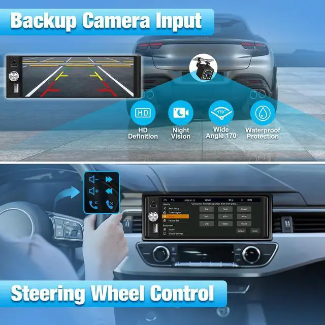 Alt view image 4 of 7 - Single Din Radio Car Stereo with Apple CarPlay & Android Auto, 6.28 Inch HD Touch CarPlay Screen, Backup Cam,Bluetooth, MP5,USB Type-C, SWC, EQ, FM Radio (with External Mic)