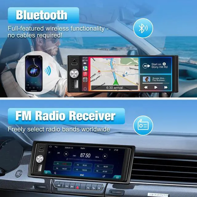 Alt view image 6 of 7 - Single Din Radio Car Stereo with Apple CarPlay & Android Auto, 6.28 Inch HD Touch CarPlay Screen, Backup Cam,Bluetooth, MP5,USB Type-C, SWC, EQ, FM Radio (with External Mic)