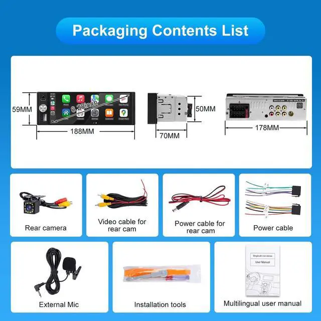 Alt view image 7 of 7 - Single Din Radio Car Stereo with Apple CarPlay & Android Auto, 6.28 Inch HD Touch CarPlay Screen, Backup Cam,Bluetooth, MP5,USB Type-C, SWC, EQ, FM Radio (with External Mic)