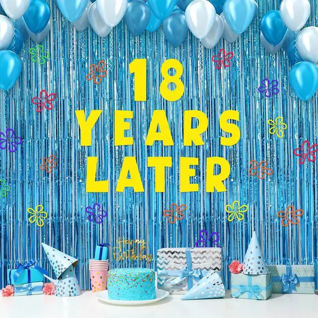 Alt view image 2 of 7 - Cartoon Sponge Birthday Decorations 25 Years Later Banner Under The Sea Ocean Themed Party Favors Custom Age Birthday Banner Whats Funnier Than 24 25th Blue Tinsel Foil Fringe Curtains Backdrop