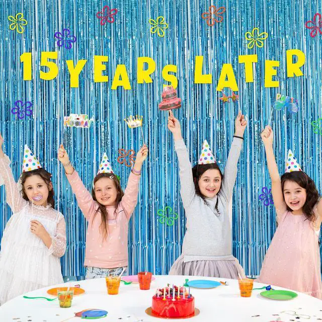 Alt view image 6 of 7 - Cartoon Sponge Birthday Decorations 25 Years Later Banner Under The Sea Ocean Themed Party Favors Custom Age Birthday Banner Whats Funnier Than 24 25th Blue Tinsel Foil Fringe Curtains Backdrop