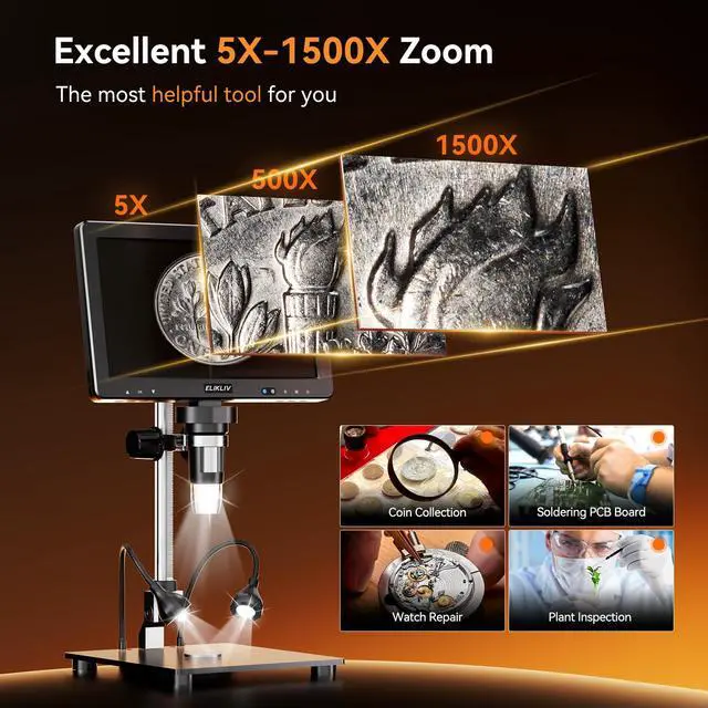 Alt view image 3 of 7 - EDM9 Max Digital Coin Microscope with Light, 10" IPS TV/PC Display | 20MP UHD, Camera & Video, 1500X LED Full Lighting View, 12.6" Bracket & Large Base, For Coin Collector & Soldering Repair