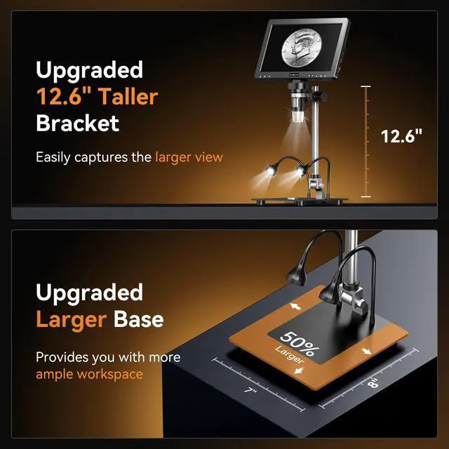 Alt view image 6 of 7 - EDM9 Max Digital Coin Microscope with Light, 10" IPS TV/PC Display | 20MP UHD, Camera & Video, 1500X LED Full Lighting View, 12.6" Bracket & Large Base, For Coin Collector & Soldering Repair