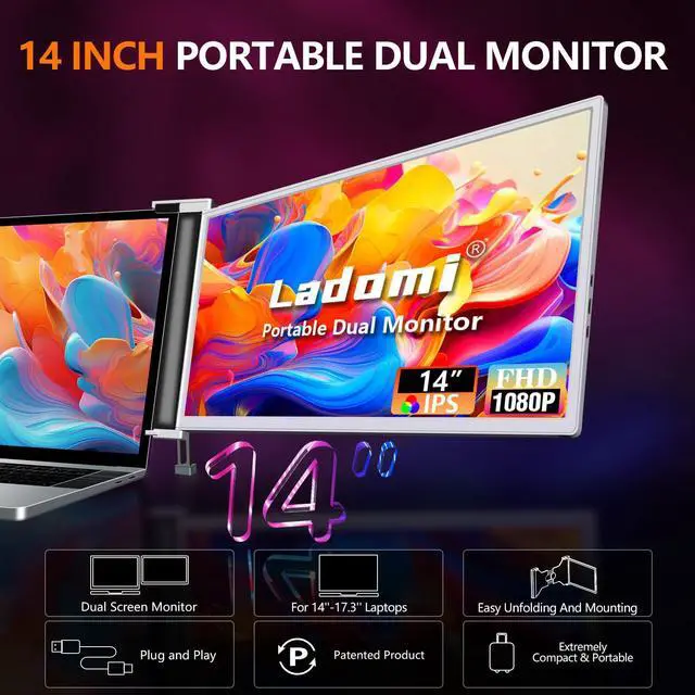 Alt view image 2 of 3 - Laptop Screen Extender, 14" Laptop Monitor Extender | IPS FHD 1080P, Dual Portable Monitor for 13.5" -16.5" Laptops, No Driver Needed, Plug & Play for Wins, Mac, Android