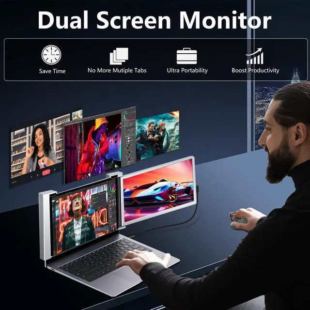 Alt view image 3 of 3 - Laptop Screen Extender, 14" Laptop Monitor Extender | IPS FHD 1080P, Dual Portable Monitor for 13.5" -16.5" Laptops, No Driver Needed, Plug & Play for Wins, Mac, Android