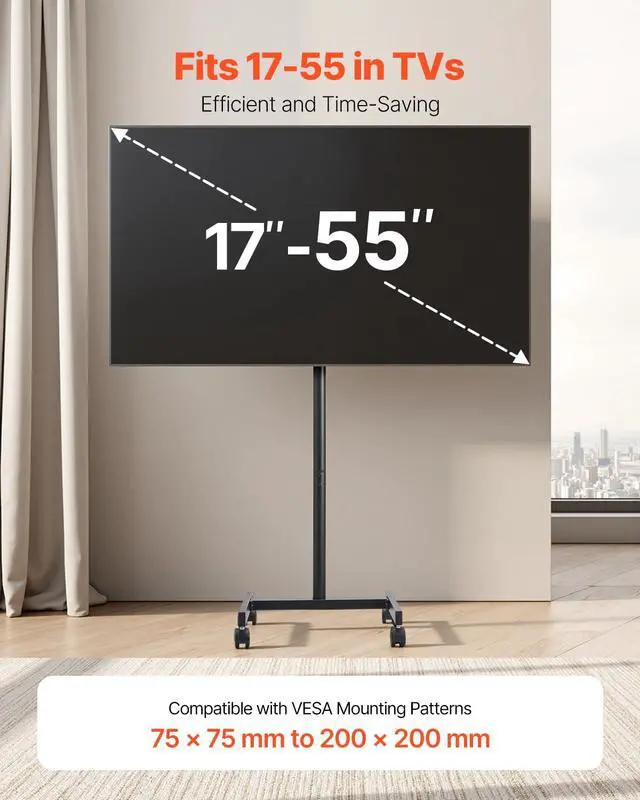 Alt view image 2 of 7 - Rolling TV Stand, Mobile TV Cart for 17-55 Inch Screens, Portrait to Landscape, Portable TV Stand with Wheels Holds up to 44 lbs for Living Room, Bedroom, Office, Outdoor, Max VESA 200x200mm