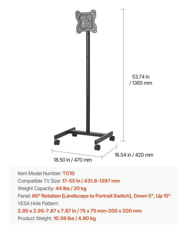 Alt view image 7 of 7 - Rolling TV Stand, Mobile TV Cart for 17-55 Inch Screens, Portrait to Landscape, Portable TV Stand with Wheels Holds up to 44 lbs for Living Room, Bedroom, Office, Outdoor, Max VESA 200x200mm