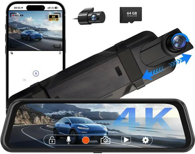 Main image of 4K Rear View Mirror Camera, 10" Mirror Dash Cam Front and Rear | Free 64GB Card, Full Touch Screen with 1080P Backup Camera for Car with Reverse Assist,WiFi,APP,Night Vision,Parking Monitor