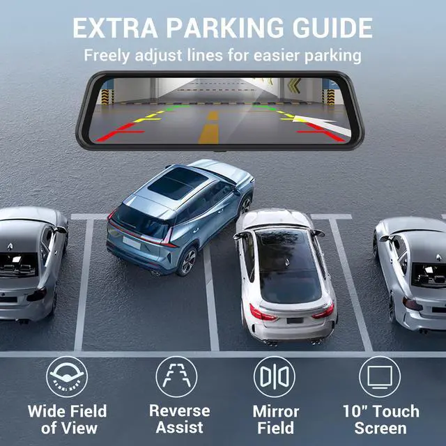Alt view image 4 of 7 - 4K Rear View Mirror Camera, 10" Mirror Dash Cam Front and Rear | Free 64GB Card, Full Touch Screen with 1080P Backup Camera for Car with Reverse Assist,WiFi,APP,Night Vision,Parking Monitor