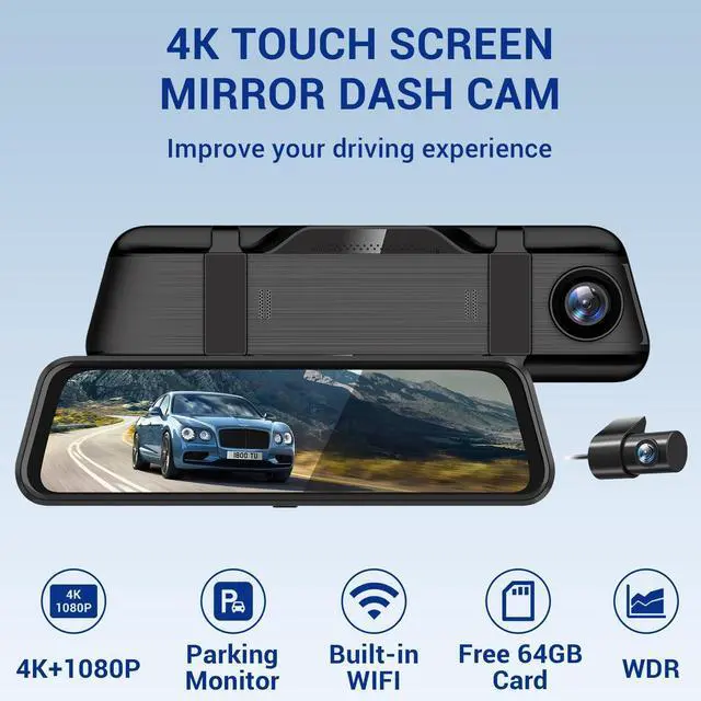 Alt view image 7 of 7 - 4K Rear View Mirror Camera, 10" Mirror Dash Cam Front and Rear | Free 64GB Card, Full Touch Screen with 1080P Backup Camera for Car with Reverse Assist,WiFi,APP,Night Vision,Parking Monitor