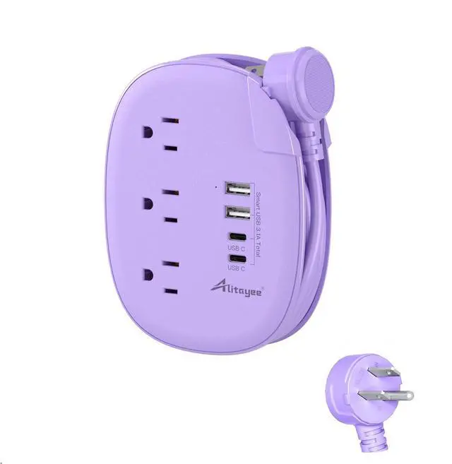 Main image of Purple Travel Power Strip,3 Outlets,4 USB Ports,3ft Extension Cord | 2 USB C,3ft Purple Extension Cord,Wrapped Cord Design,45° Flat Plug,No Surge Protector for Cruise Travel Home Cute Dorm Desk