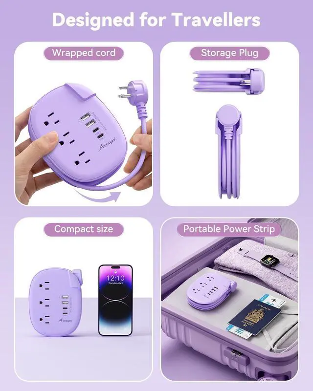 Alt view image 2 of 7 - Purple Travel Power Strip,3 Outlets,4 USB Ports,3ft Extension Cord | 2 USB C,3ft Purple Extension Cord,Wrapped Cord Design,45° Flat Plug,No Surge Protector for Cruise Travel Home Cute Dorm Desk