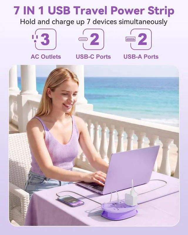 Alt view image 3 of 7 - Purple Travel Power Strip,3 Outlets,4 USB Ports,3ft Extension Cord | 2 USB C,3ft Purple Extension Cord,Wrapped Cord Design,45° Flat Plug,No Surge Protector for Cruise Travel Home Cute Dorm Desk