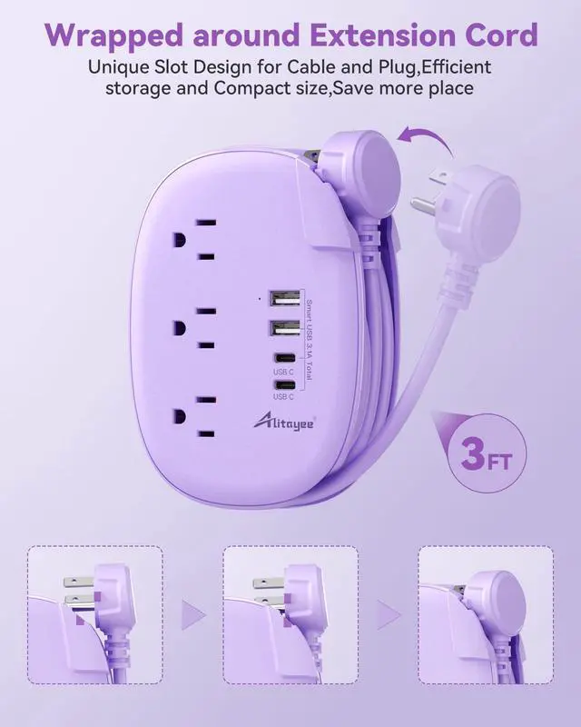 Alt view image 4 of 7 - Purple Travel Power Strip,3 Outlets,4 USB Ports,3ft Extension Cord | 2 USB C,3ft Purple Extension Cord,Wrapped Cord Design,45° Flat Plug,No Surge Protector for Cruise Travel Home Cute Dorm Desk