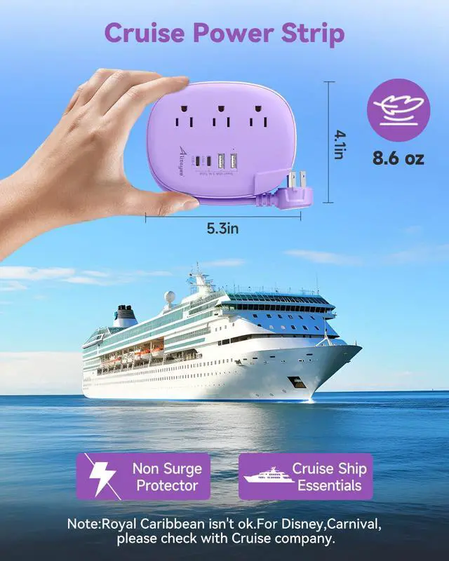 Alt view image 5 of 7 - Purple Travel Power Strip,3 Outlets,4 USB Ports,3ft Extension Cord | 2 USB C,3ft Purple Extension Cord,Wrapped Cord Design,45° Flat Plug,No Surge Protector for Cruise Travel Home Cute Dorm Desk