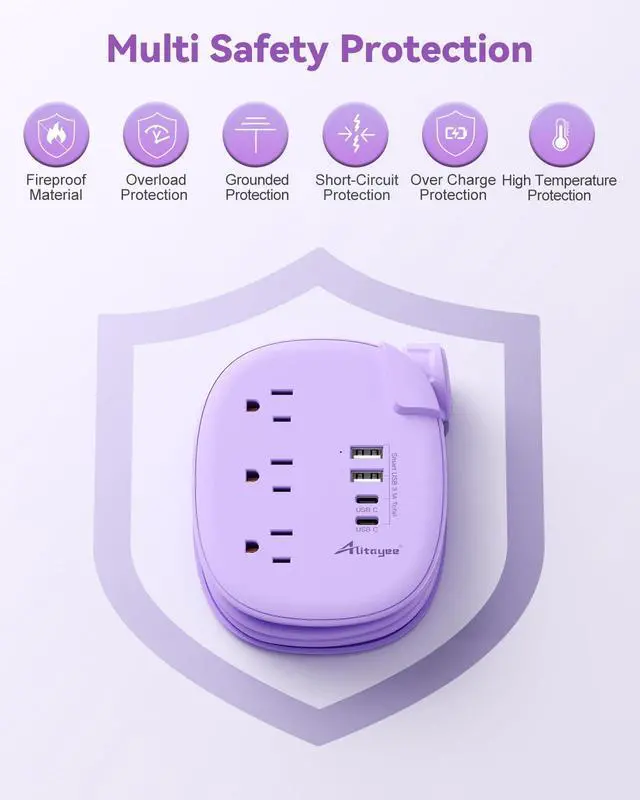 Alt view image 7 of 7 - Purple Travel Power Strip,3 Outlets,4 USB Ports,3ft Extension Cord | 2 USB C,3ft Purple Extension Cord,Wrapped Cord Design,45° Flat Plug,No Surge Protector for Cruise Travel Home Cute Dorm Desk