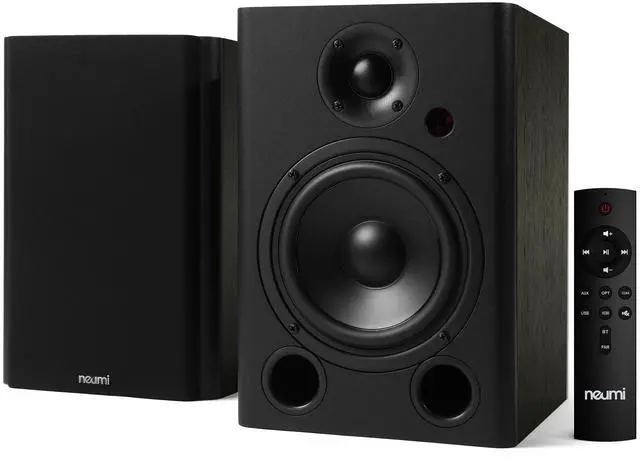 Main image of NEUMI BS5P-ARC 75W Powered Bookshelf Speakers, Bluetooth, HDMI ARC, Pair | 5-inch woofer, 1-inch tweeter, USB, optical and coaxial inputs, remote control, dark wood finish