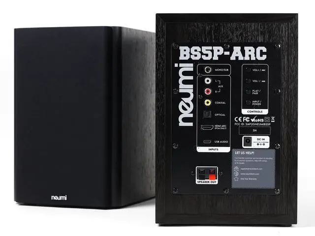 Alt view image 2 of 7 - NEUMI BS5P-ARC 75W Powered Bookshelf Speakers, Bluetooth, HDMI ARC, Pair | 5-inch woofer, 1-inch tweeter, USB, optical and coaxial inputs, remote control, dark wood finish