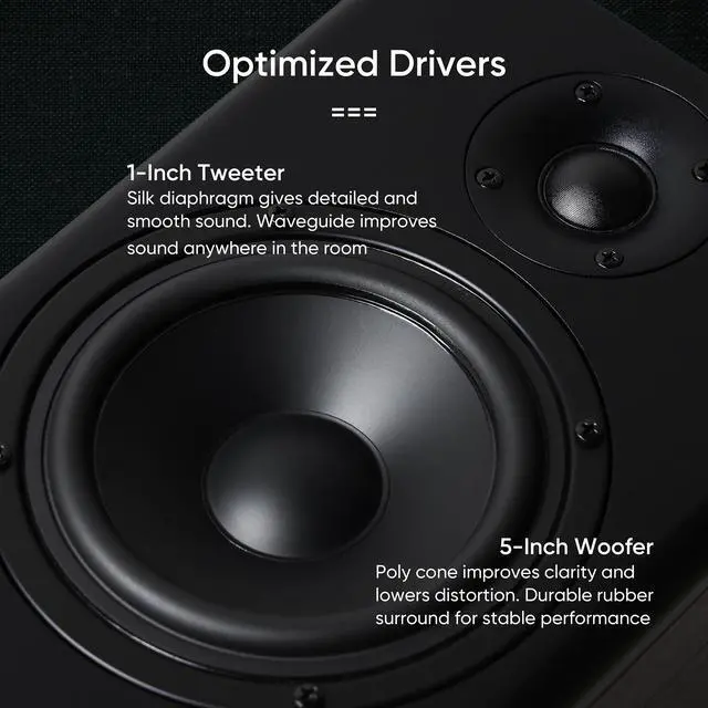 Alt view image 5 of 7 - NEUMI BS5P-ARC 75W Powered Bookshelf Speakers, Bluetooth, HDMI ARC, Pair | 5-inch woofer, 1-inch tweeter, USB, optical and coaxial inputs, remote control, dark wood finish