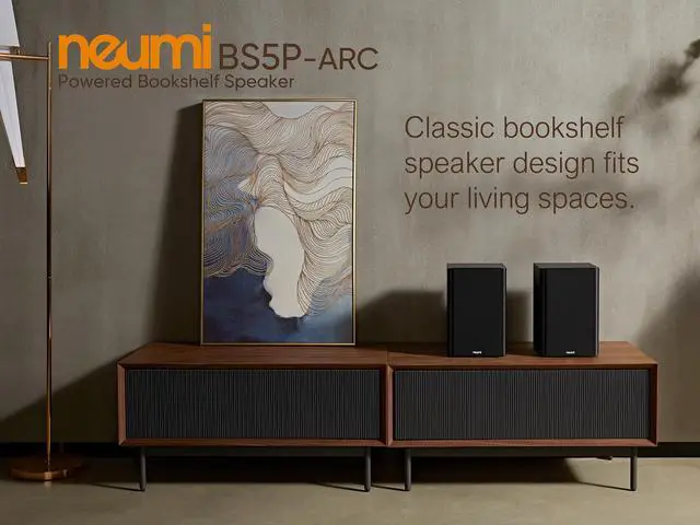 Alt view image 7 of 7 - NEUMI BS5P-ARC 75W Powered Bookshelf Speakers, Bluetooth, HDMI ARC, Pair | 5-inch woofer, 1-inch tweeter, USB, optical and coaxial inputs, remote control, dark wood finish